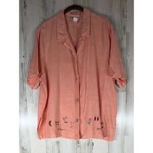 Fine Line Linen Shirt 3XL Peach Coral Garden Tea Party Flower Embroidery Cottage